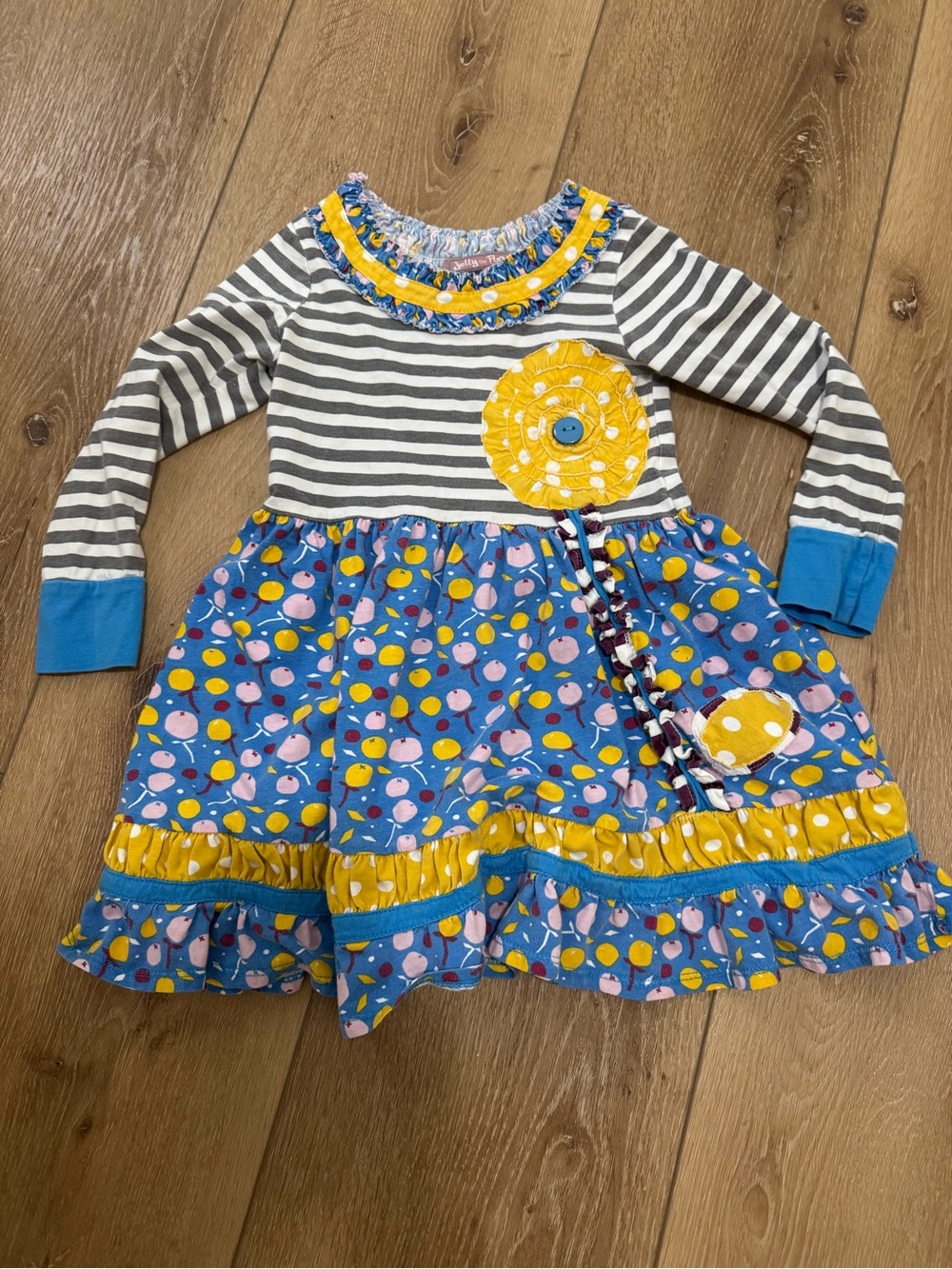 Jelly The Pug Blue, Yellow & Gray Striped Floral Dot Dress